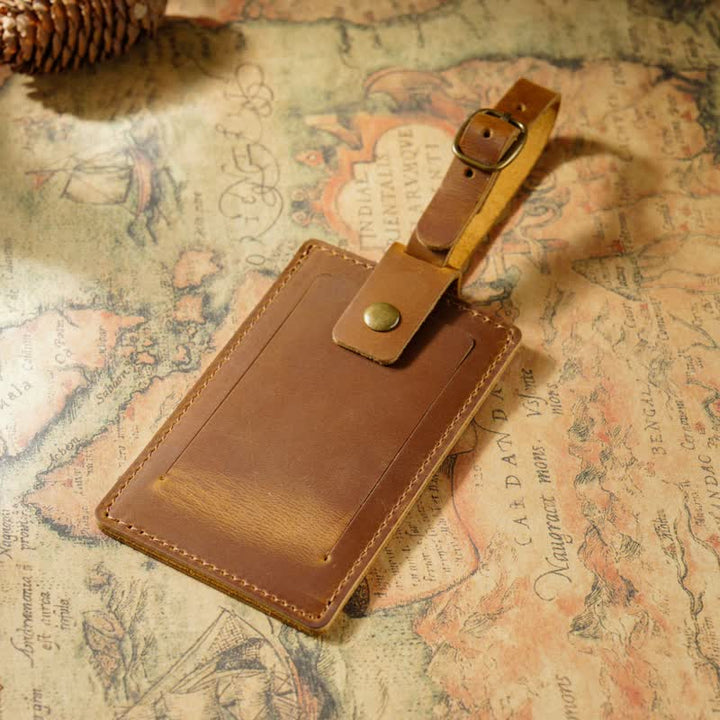 Etiqueta de equipaje de cuero de vaca de una cara con texto personalizado para viajes - Marrón - image 2