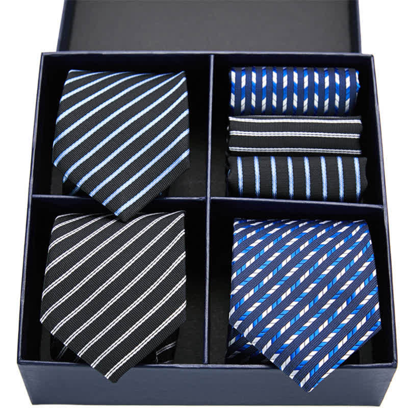 Conjunto de 6 pañuelos de bolsillo con rayas azules y negras para hombre, caja de regalo