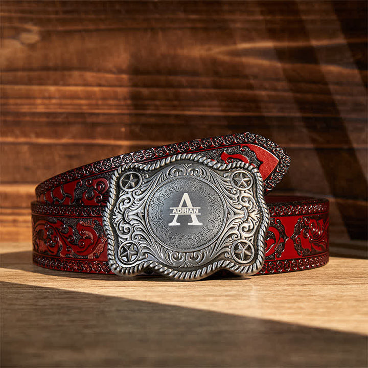 Cinturón de cuero con hebilla estilo western, tallado a mano y con monograma personalizado - Plata - Cinturón tallado marrón - 42 - image 19