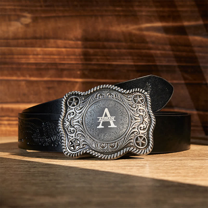 Cinturón de cuero con hebilla estilo western, tallado a mano y con monograma personalizado - Plata - Cinturón de águila negra en relieve - 42 - image 15