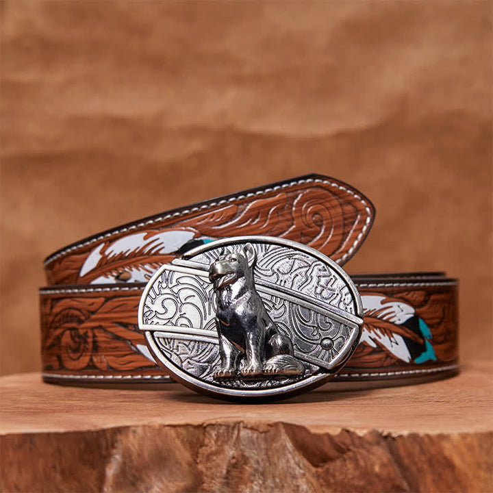 Cinturón de cuero con cuchillo plegable oculto "Loyal Dog" para hombre, hecho a mano