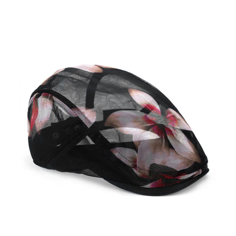 Boina de malla ahuecada con estampado floral elegante para mujer