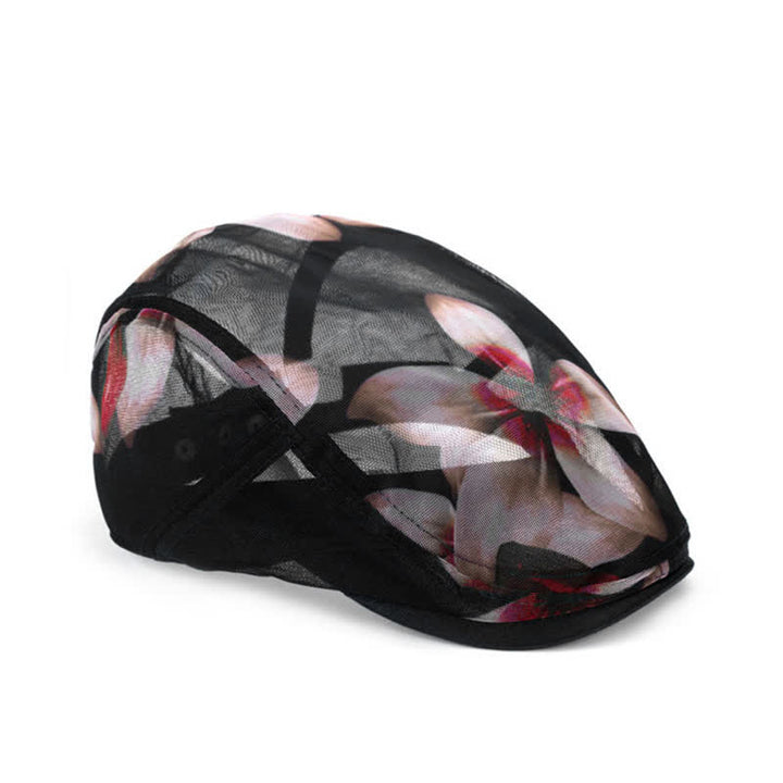 Boina de malla ahuecada con estampado floral elegante para mujer