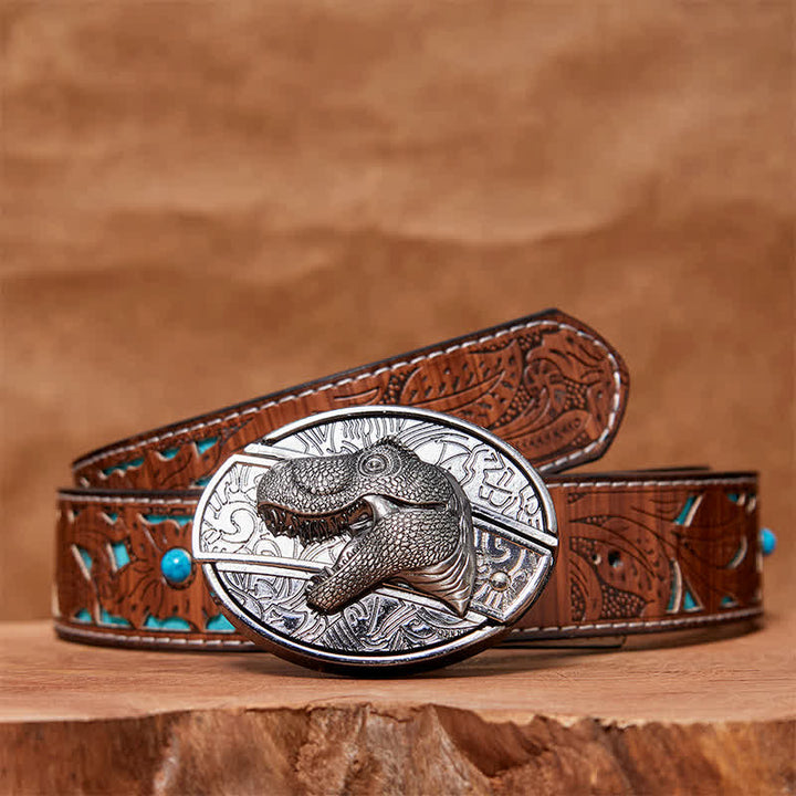 Cinturón de cuero con cuchillo plegable oculto de dinosaurio para hombre