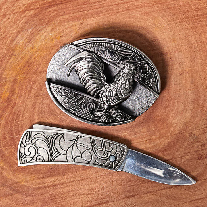 Cinturón de cuero con cuchillo plegable oculto de gallo para hombre