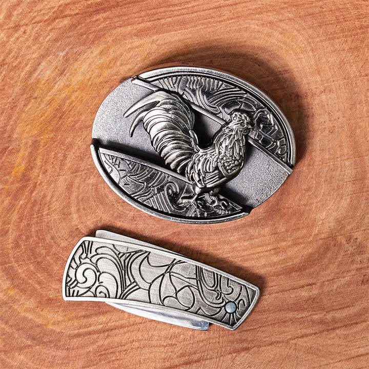 Cinturón de cuero con cuchillo plegable oculto de gallo para hombre