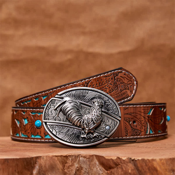 Cinturón de cuero con cuchillo plegable oculto de gallo para hombre