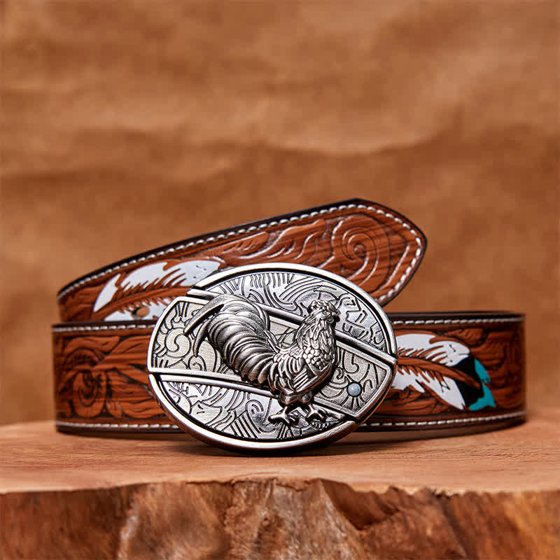 Cinturón de cuero con cuchillo plegable oculto de gallo para hombre