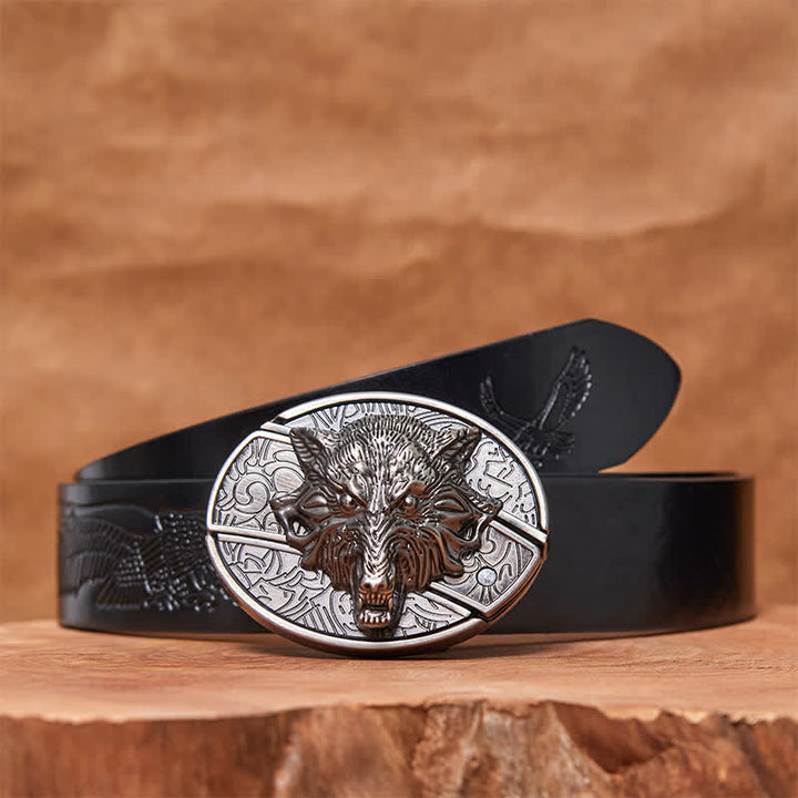 Cinturón de cuero con cuchillo plegable oculto con cabeza de lobo para hombre