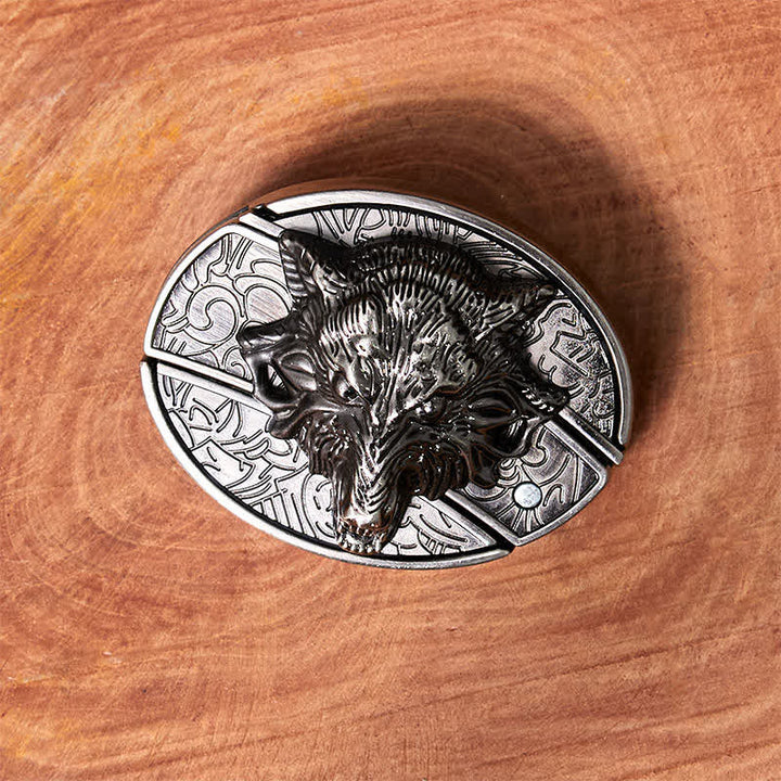 Cinturón de cuero con cuchillo plegable oculto con cabeza de lobo para hombre