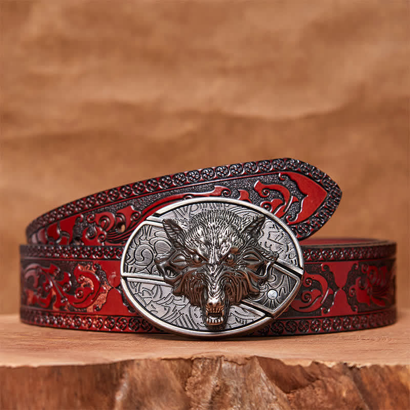 Cinturón de cuero con cuchillo plegable oculto con cabeza de lobo para hombre