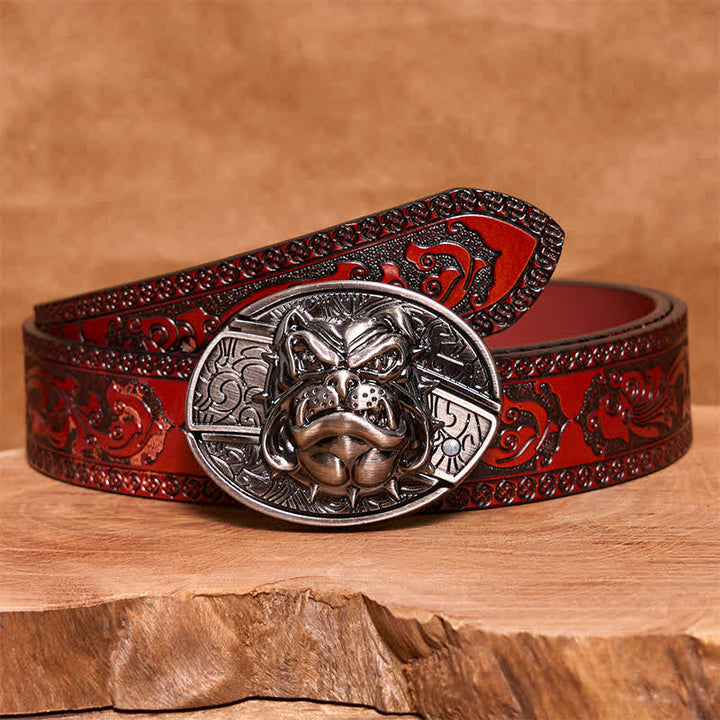 Cinturón de cuero con cuchillo plegable oculto para hombre, hecho a mano con forma de perro feroz