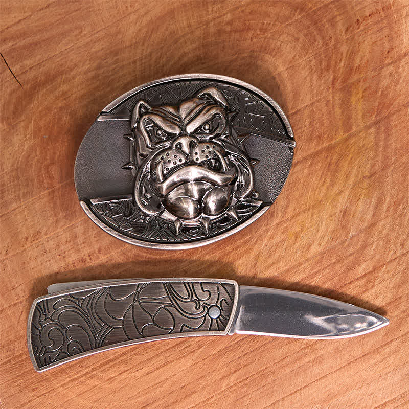 Cinturón de cuero con cuchillo plegable oculto para hombre, hecho a mano con forma de perro feroz