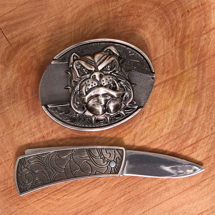 Cinturón de cuero con cuchillo plegable oculto para hombre, hecho a mano con forma de perro feroz