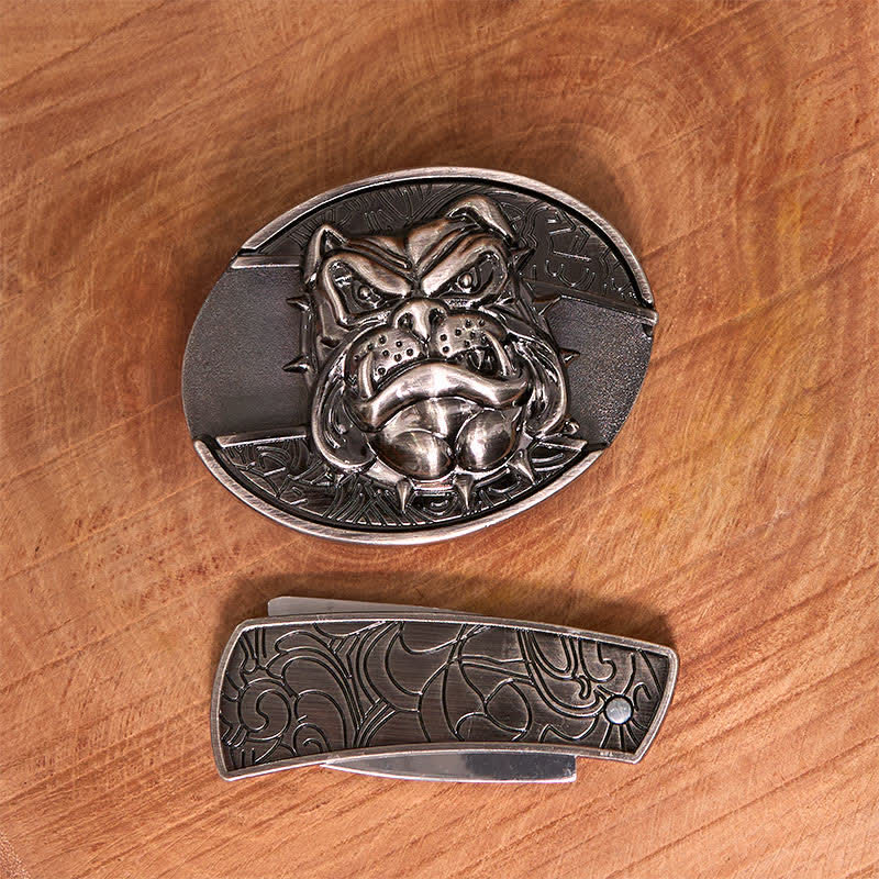 Cinturón de cuero con cuchillo plegable oculto para hombre, hecho a mano con forma de perro feroz