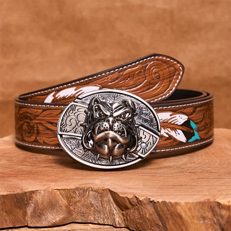 Cinturón de cuero con cuchillo plegable oculto para hombre, hecho a mano con forma de perro feroz