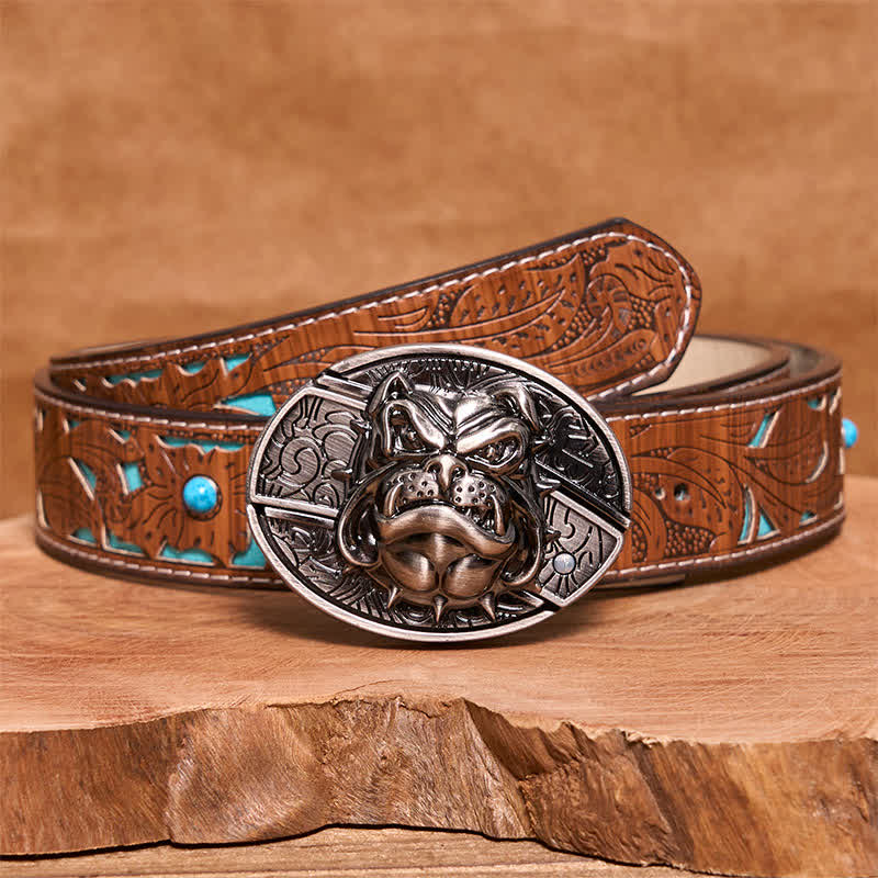Cinturón de cuero con cuchillo plegable oculto para hombre, hecho a mano con forma de perro feroz