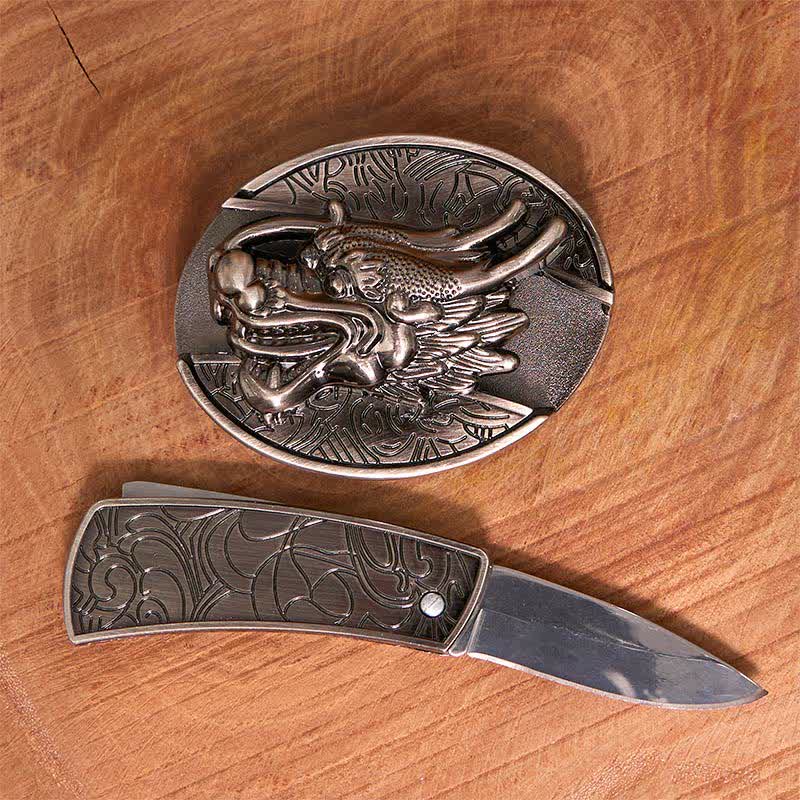 Cinturón de cuero con cuchillo plegable oculto con cabeza de dragón para hombre