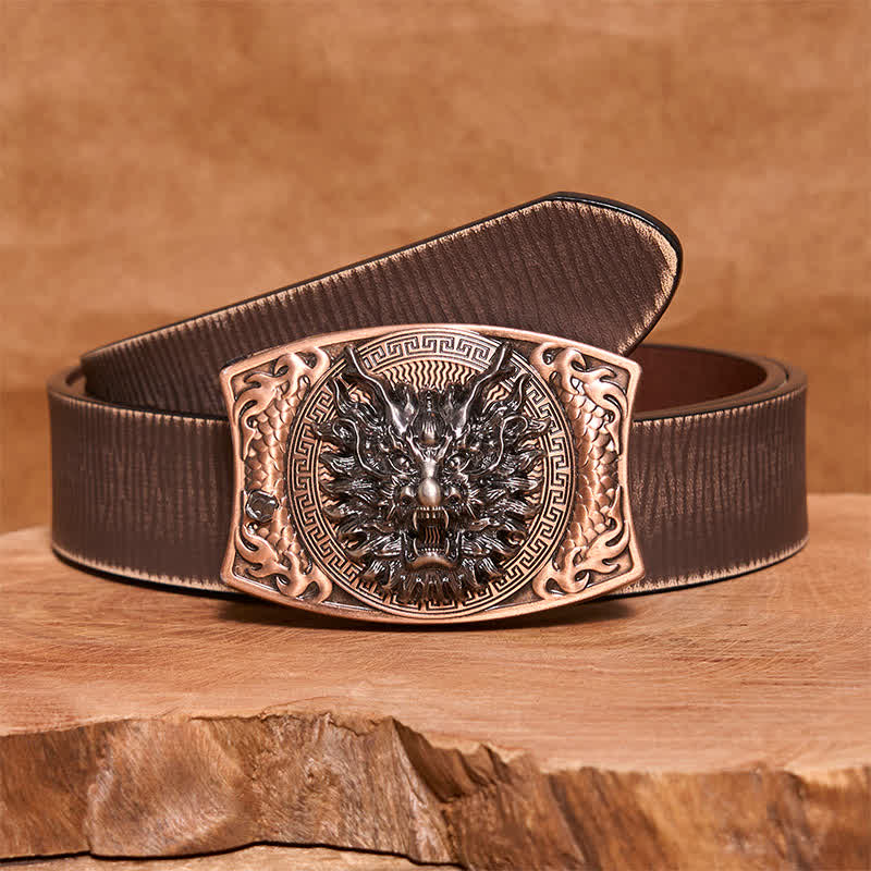 Cinturón de cuero con cuchillo plegable oculto de bronce rojo con dragón para hombre