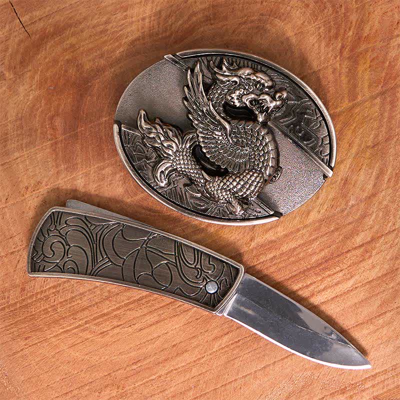 Cinturón de cuero con cuchillo plegable oculto de dragón volador para hombre