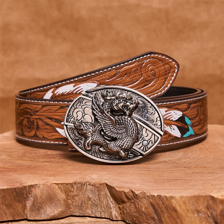 Cinturón de cuero con cuchillo plegable oculto de dragón volador para hombre