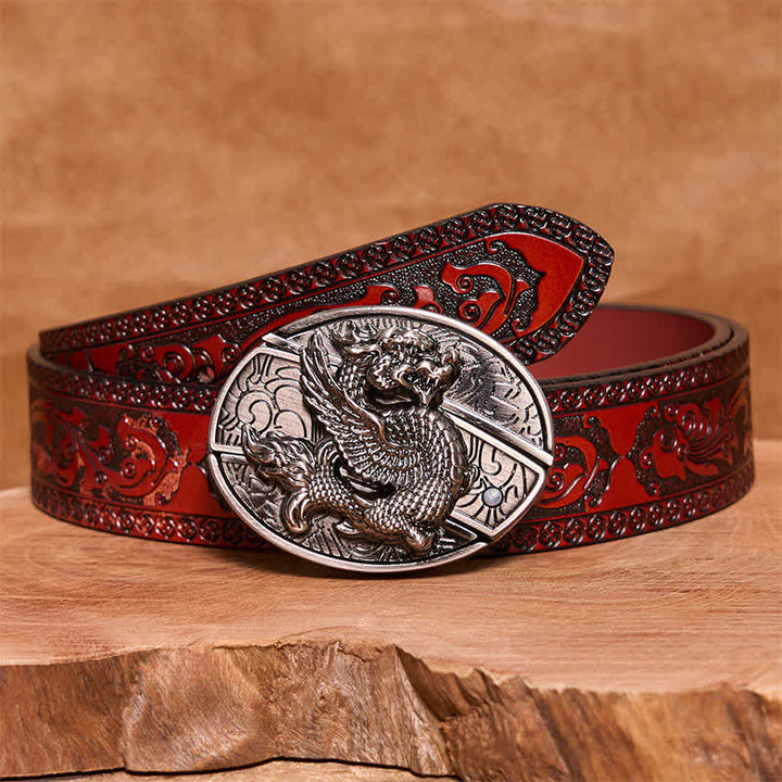 Cinturón de cuero con cuchillo plegable oculto de dragón volador para hombre