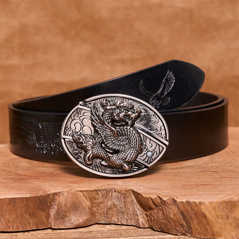 Cinturón de cuero con cuchillo plegable oculto de dragón volador para hombre