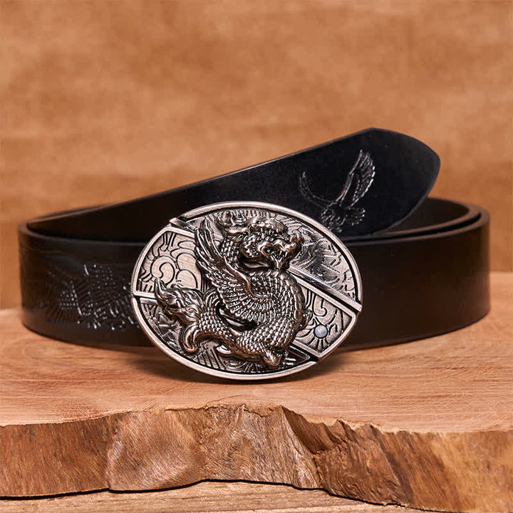 Cinturón de cuero con cuchillo plegable oculto de dragón volador para hombre