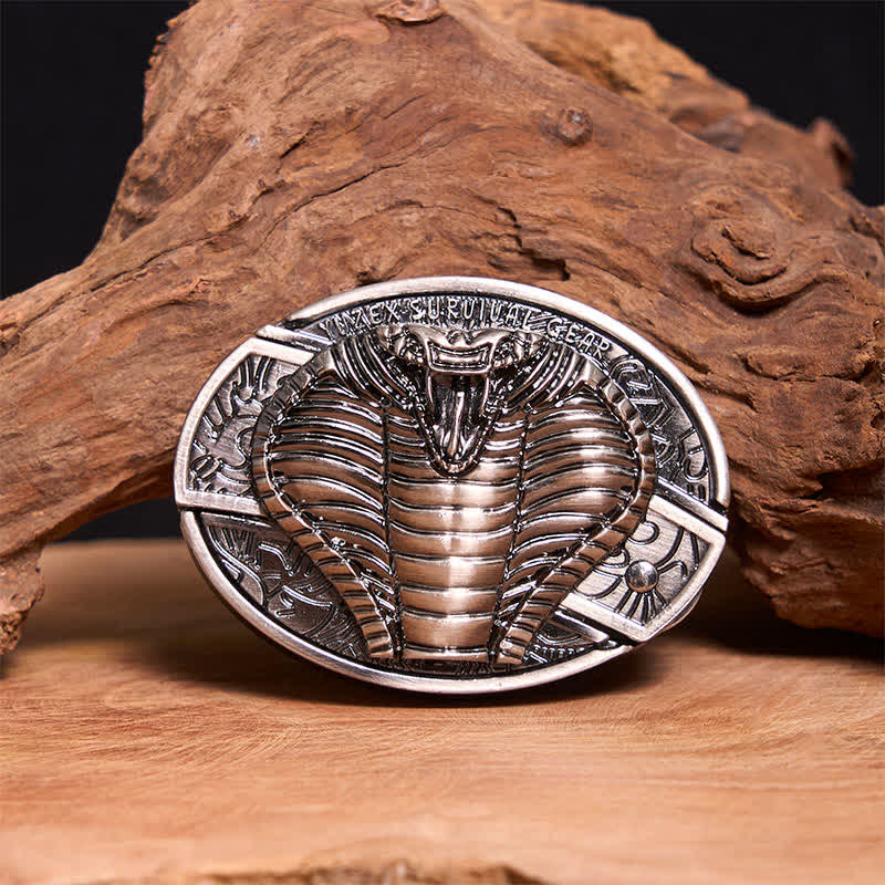 Cinturón de cuero con cuchillo plegable oculto de cobra venenosa para hombre