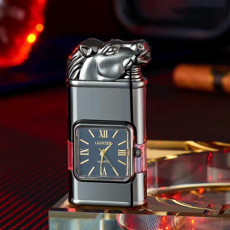 Encendedor de butano recargable de doble llama con diseño de caballo y reloj