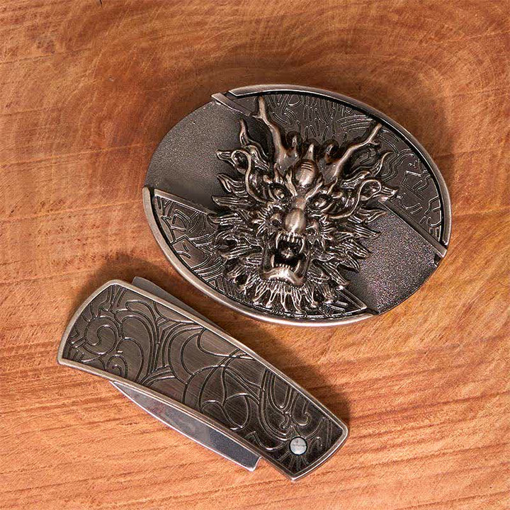 Cinturón de cuero con cuchillo plegable oculto Brave Dragon para hombre