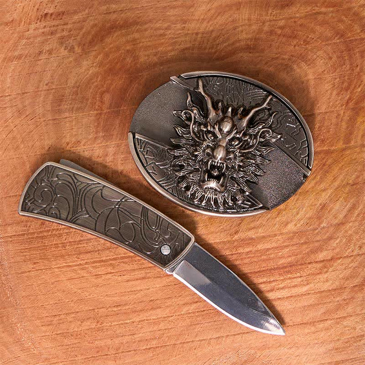 Cinturón de cuero con cuchillo plegable oculto Brave Dragon para hombre