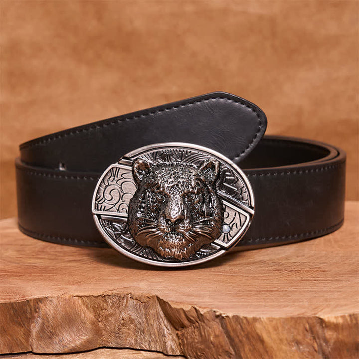 Cinturón de cuero con cuchillo plegable oculto con cabeza de leopardo para hombre