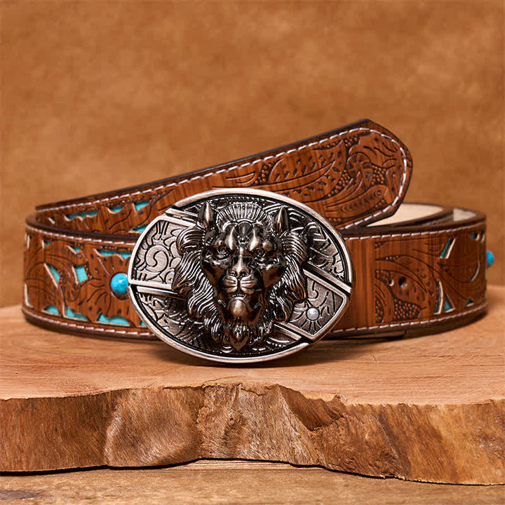 Cinturón de cuero con cuchillo plegable oculto con insignia de león para hombre