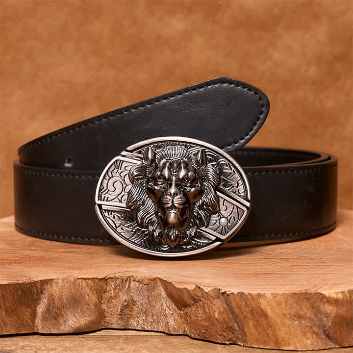 Cinturón de cuero con cuchillo plegable oculto con insignia de león para hombre