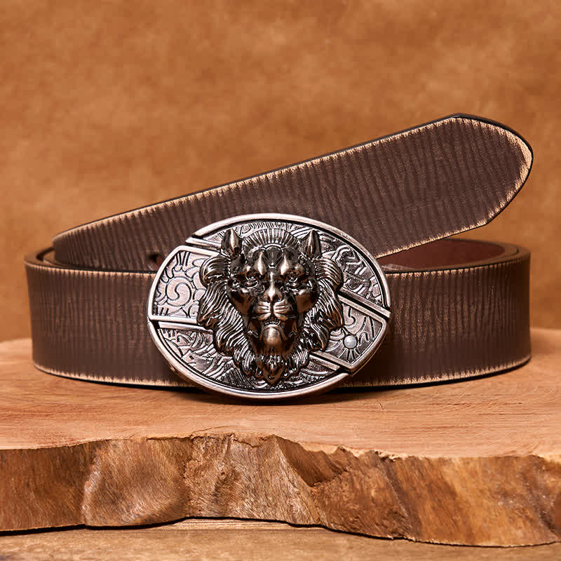 Cinturón de cuero con cuchillo plegable oculto con insignia de león para hombre