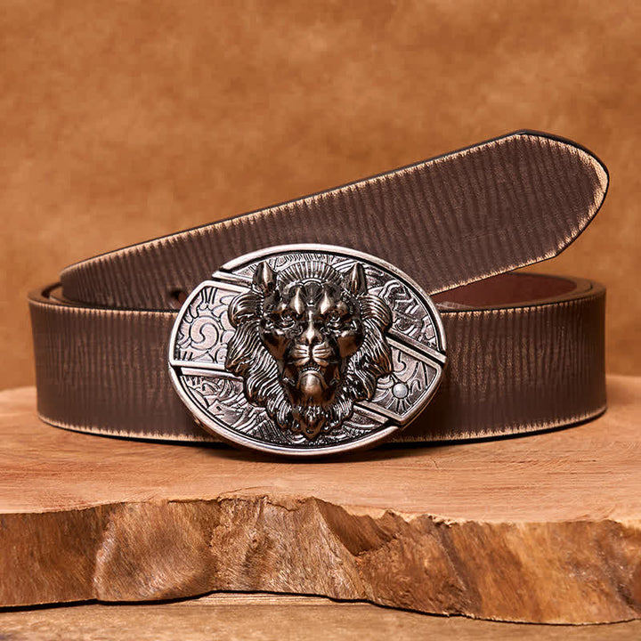 Cinturón de cuero con cuchillo plegable oculto con insignia de león para hombre