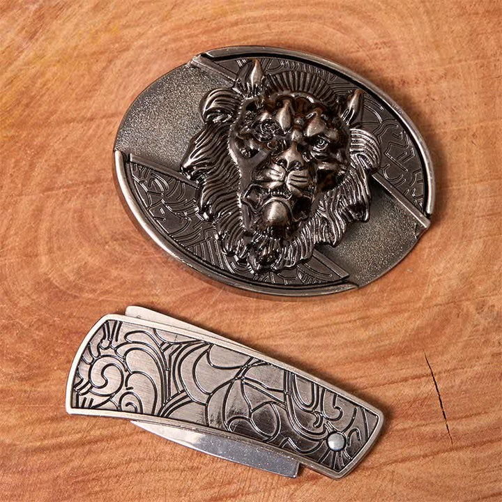 Cinturón de cuero con cuchillo plegable oculto con insignia de león para hombre