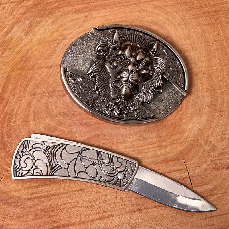 Cinturón de cuero con cuchillo plegable oculto con insignia de león para hombre