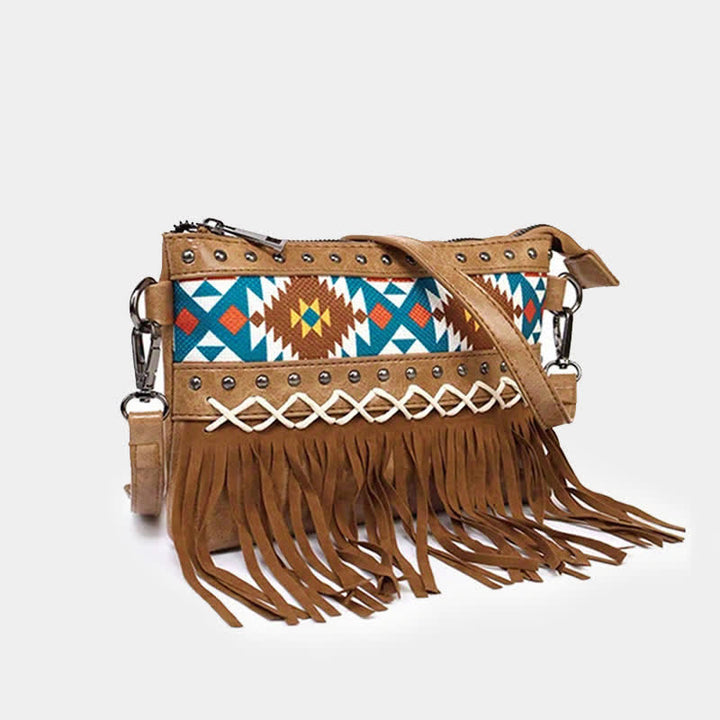 Bolso bandolera con flecos aztecas azules y estampado occidental para mujer