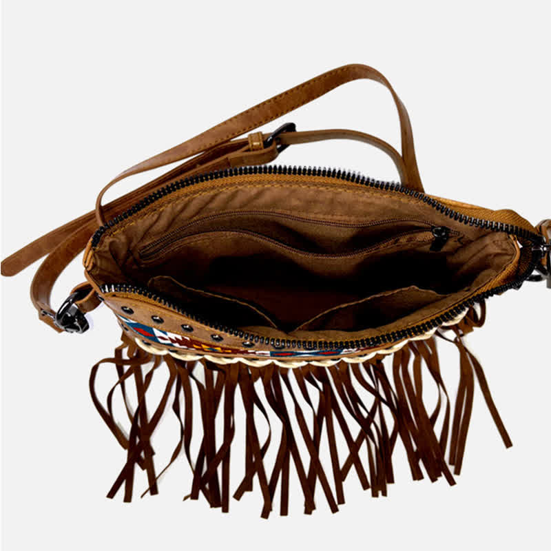 Bolso bandolera con flecos aztecas azules y estampado occidental para mujer