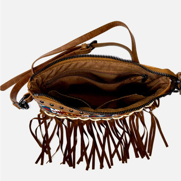 Bolso bandolera con flecos aztecas azules y estampado occidental para mujer