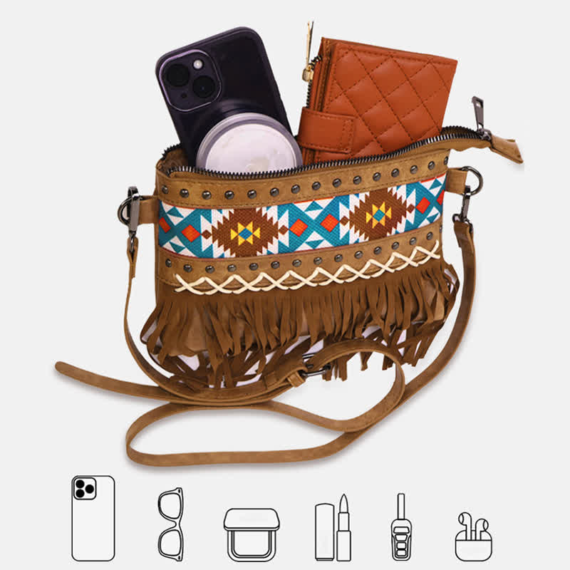 Bolso bandolera con flecos aztecas azules y estampado occidental para mujer