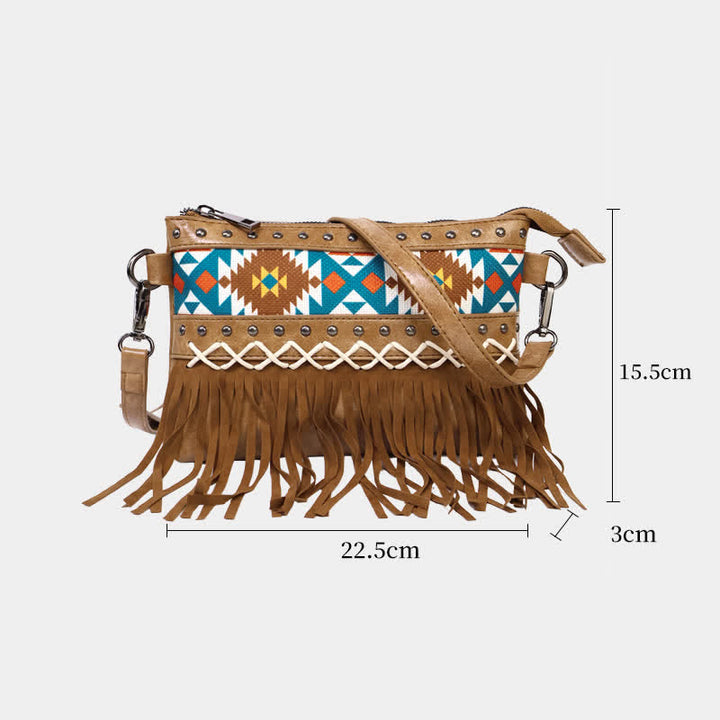 Bolso bandolera con flecos aztecas azules y estampado occidental para mujer