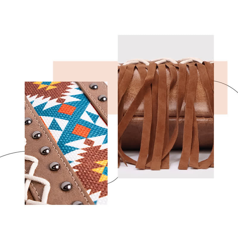 Bolso bandolera con flecos aztecas azules y estampado occidental para mujer