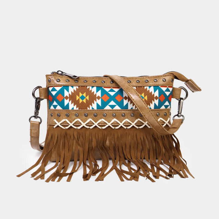 Bolso bandolera con flecos aztecas azules y estampado occidental para mujer