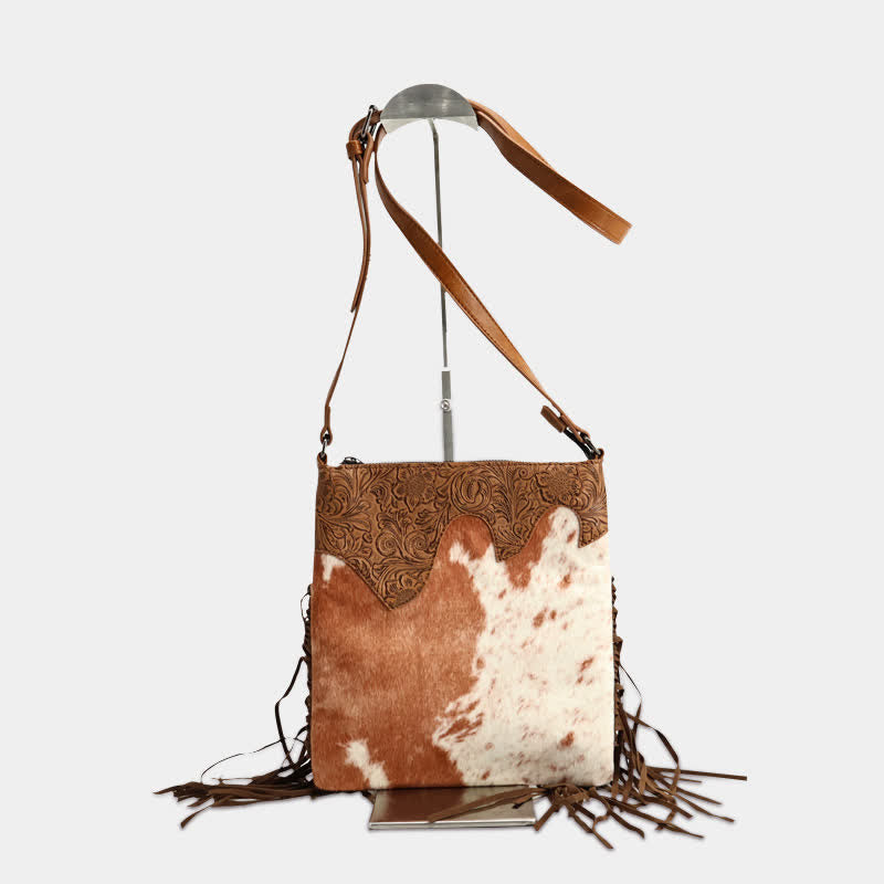 Bolso bandolera con flecos y estampado de vaca bohemio para mujer