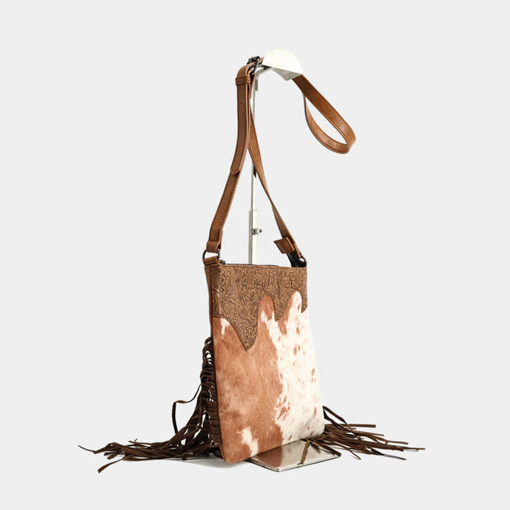 Bolso bandolera con flecos y estampado de vaca bohemio para mujer