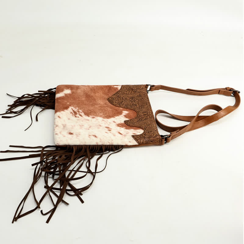 Bolso bandolera con flecos y estampado de vaca bohemio para mujer