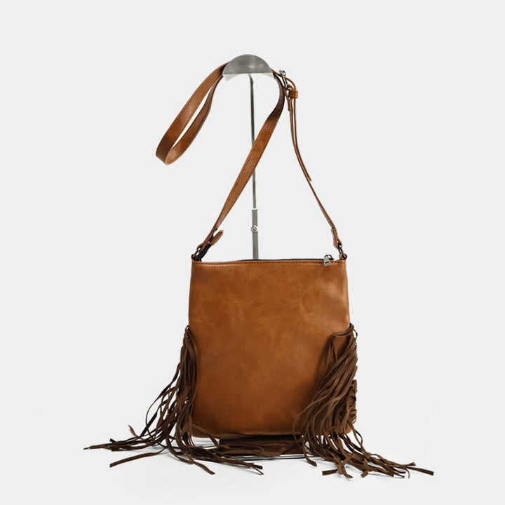 Bolso bandolera con flecos y estampado de vaca bohemio para mujer